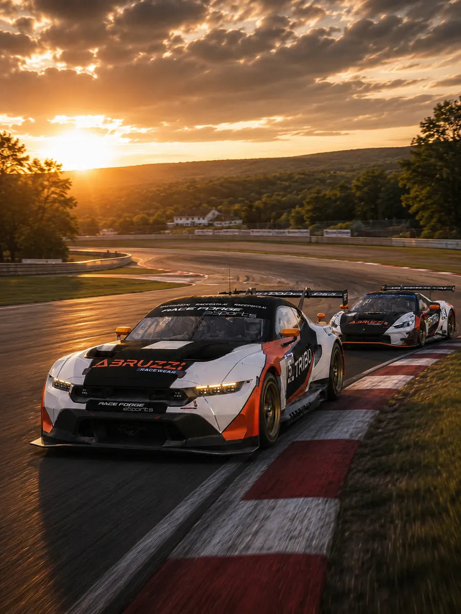 Race Forge Mustang and Ferrari in orange, white and black liveries on track at sunset